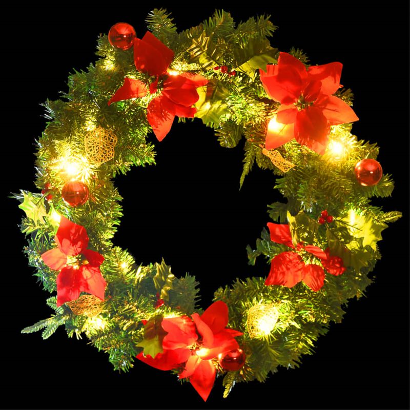 'vidaXL Christmas Wreath with LED Lights - Indoor/Outdoor Holiday Decoration - 23.6" Diameter - Green and Red PVC Material - USB Powered, Round Christmas Garland