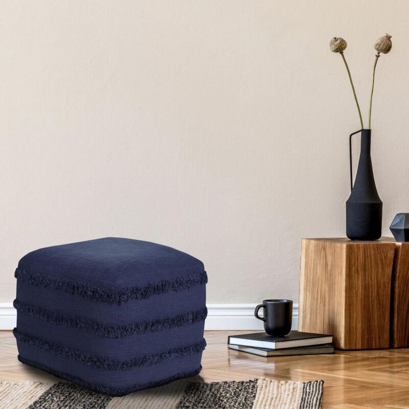 Hivvago 18 Inch Blue Cotton Striped Pouf Ottoman