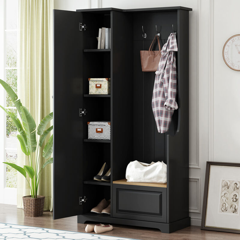 Merax Entryway Hall Tree with Flip-Up Storage Bench, 3 Hooks, 2 Adjustable Shelves image number 2