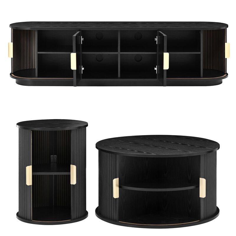 Clihome Wooden TV Stand Coffee Table Set with Fluted Sliding Door for Living Room image number 3
