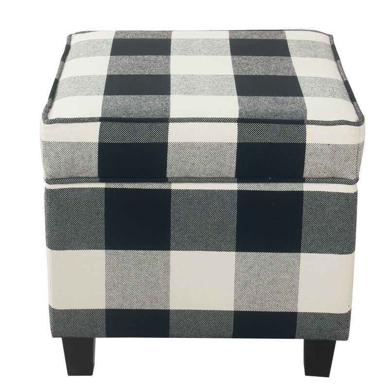 Pyp Square Storage Ottoman, 18 Inch Black Plaid Cotton, Ebony Legs - Benzara image number 1