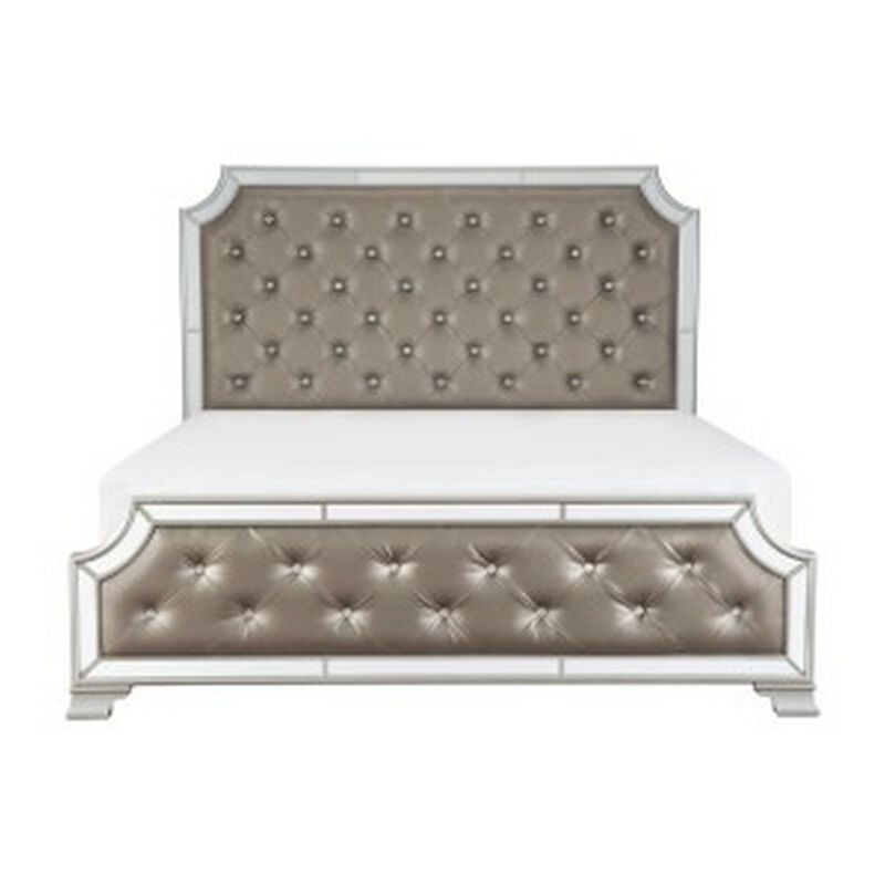 Badra Queen Bed with Crystal Button Tufting, Mirror Trim, Gray Faux Leather - Benzara
