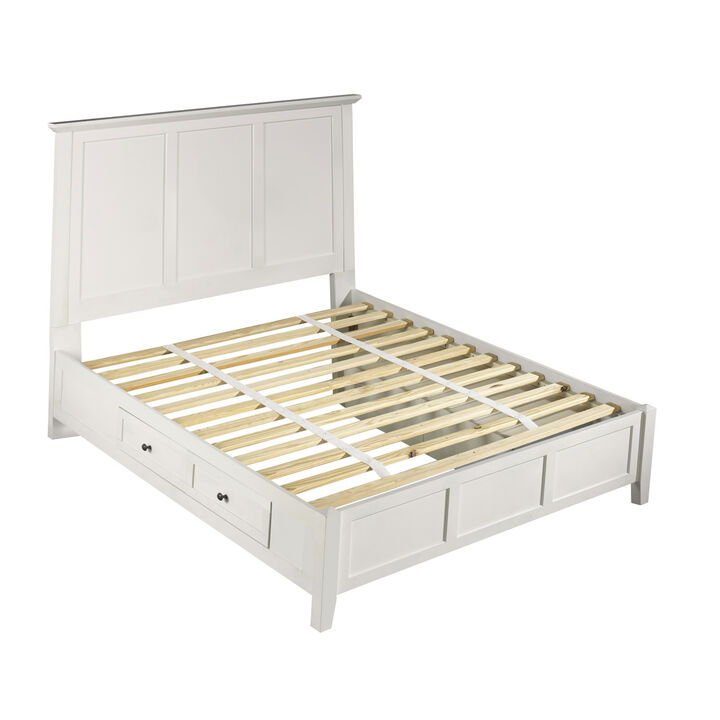 Kenji King Size Bed, Panel Headboard, Storage Drawers, Satin White Mahogany - Benzara