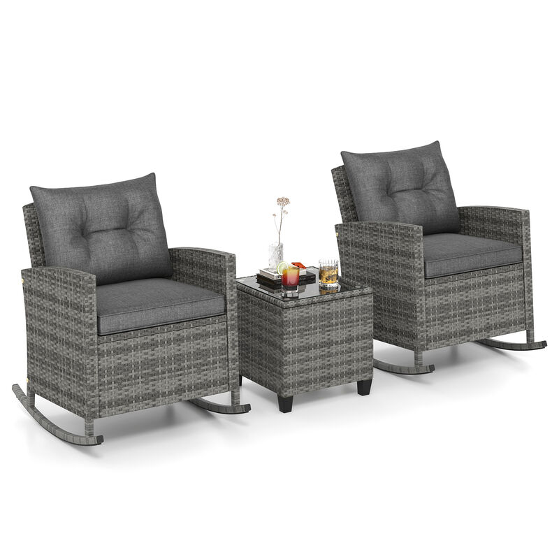 Patio Rattan Roker Chairs with Tempered Glass Table and Soft Cushions for Backyard  Poolside Porch-Beige