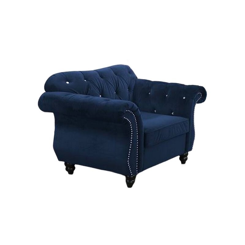 Rima 51 Inch Classic Accent Chair, Velvet Upholstery, Rolled Arms, Indigo-Benzara image number 1