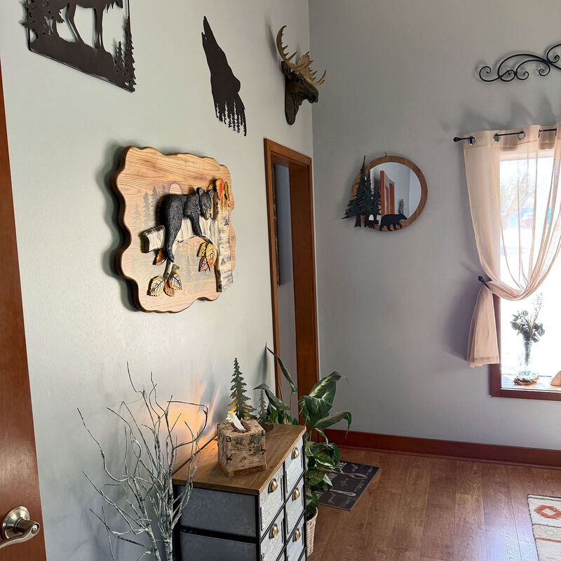 Bear Cub in Birch Forest Wood Wall Sculpture 24x34.5 Glossy Brown Indoor Decor image number 7