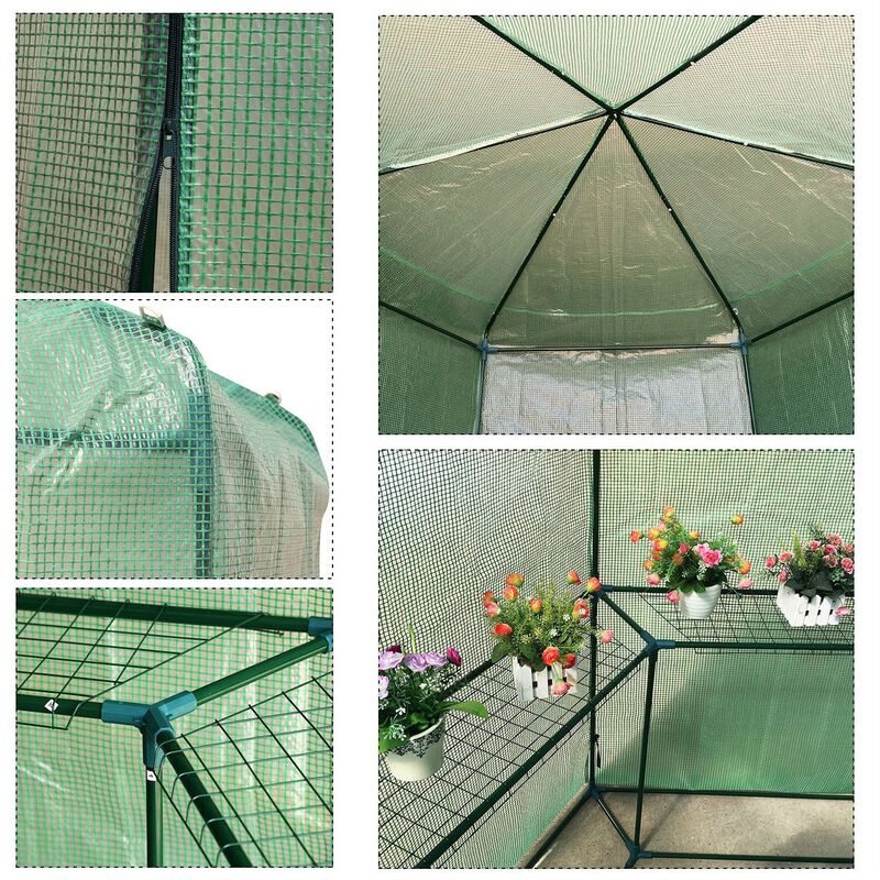 Spacious Outdoor Hexagon Greenhouse with Sturdy Frame, Protective Cover, and Built-In Shelves