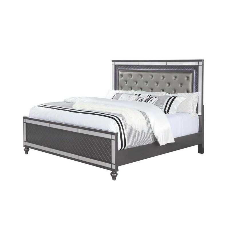Benjara Reff King Size Bed, Button Tufted Fabric Upholstery, Modern Wood Panel, Gray and Silver