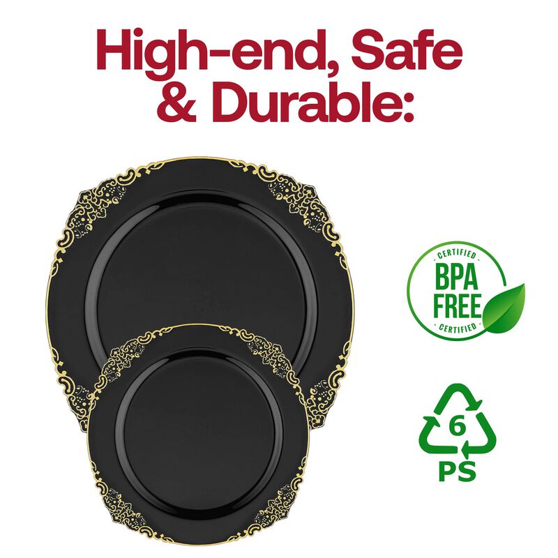 10.25" Black with Gold Fancy Round Plastic Dinner Plates (120 Plates) image number 4