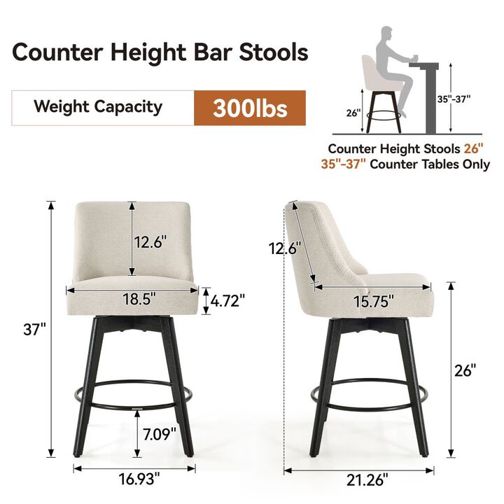 Counter Height Bar Stools, 26" Swivel Barstools with Backs, Linen Bar Chairs for Dining Room, White