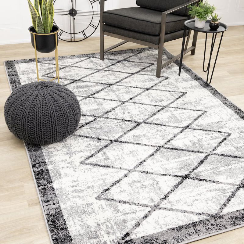 Novelle Home Claremont Grey Black Distressed Lattice Area Rug, 6'7 x 9'10 image number 1