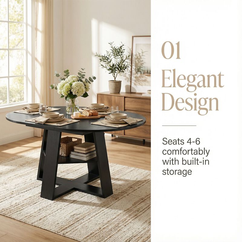 Extendable Round Dining Table for 4-8 People with Storage Shelf image number 2