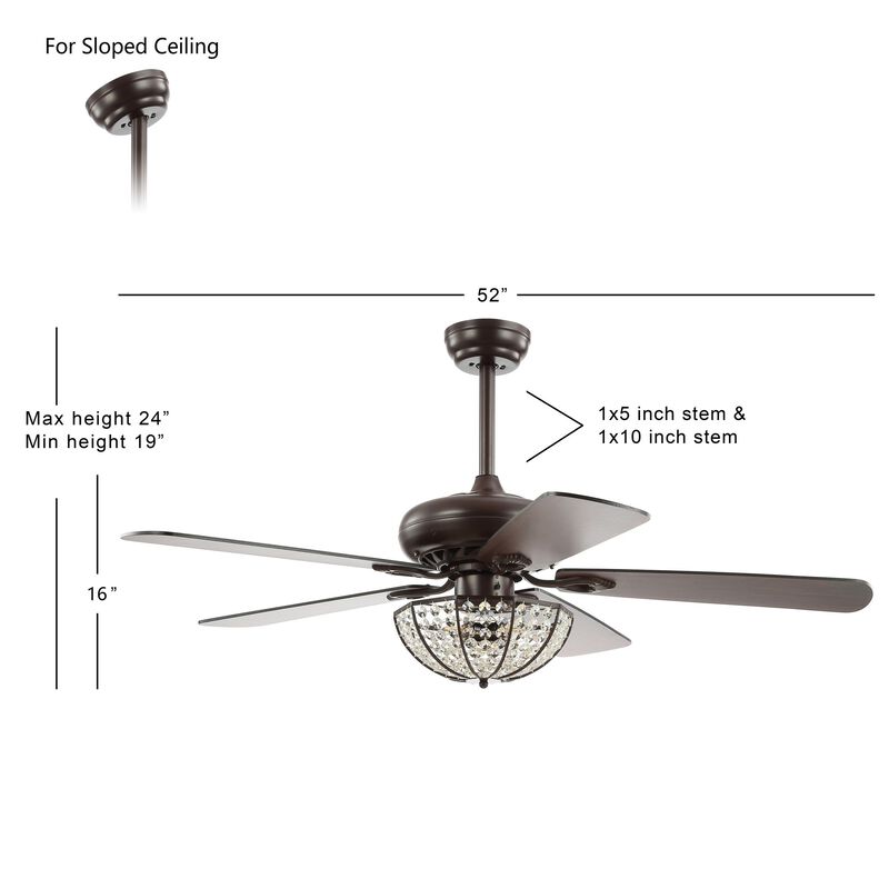 Joanna 52" 3-Light Bronze Crystal LED Ceiling Fan With Remote, Oil Rubbed Bronze