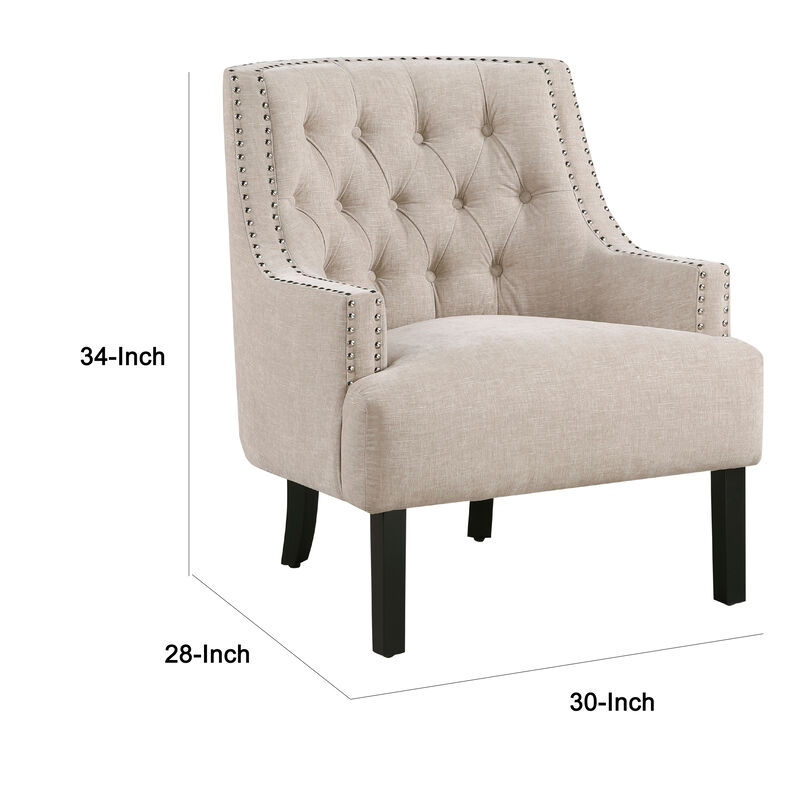 Daisie Accent Armchair, Button Tufted Beige Chenille, Solid Wood