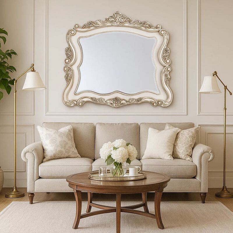 50 Inch Solid Wood Mirror, Scalloped, Scroll Ornate Trim, Antique White