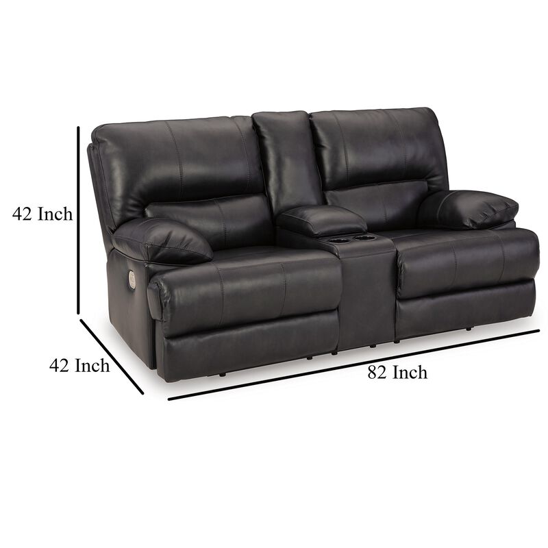 Monto Power Recliner Loveseat, Black Leather, Cupholders, 82 Inch - Benzara