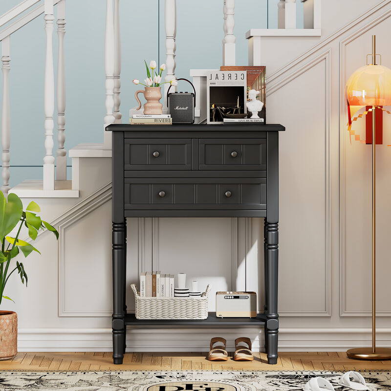 Whisen Narrow Console Table with Three Storage Drawers and Bottom Shelf - Black