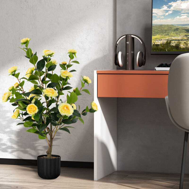 38 Inch Artificial Camellia Tree Faux Flower Plant in Cement Pot