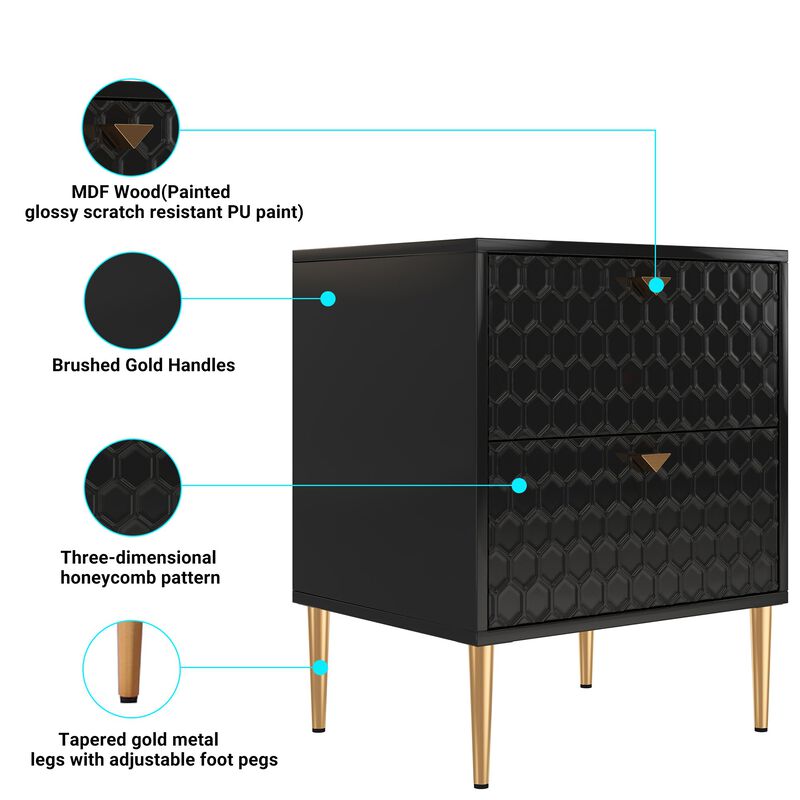 Black Wood Nightstand Accent Storage Cabinet with 2-Drawer Chest