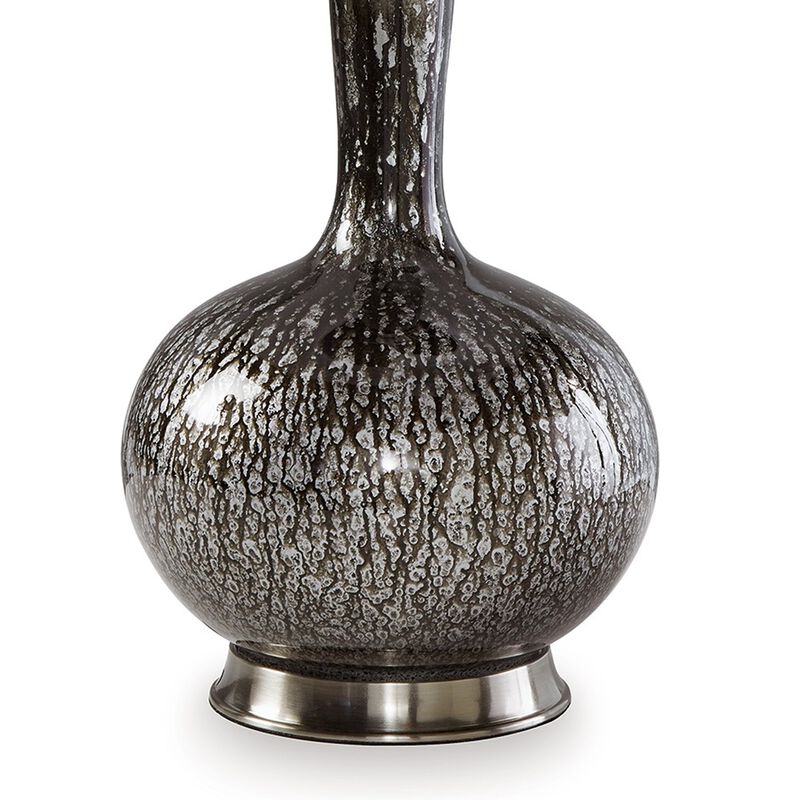 26 Inch Table Lamp, Tall Black Round Glass Base, White Drum Fabric Shade - Benzara