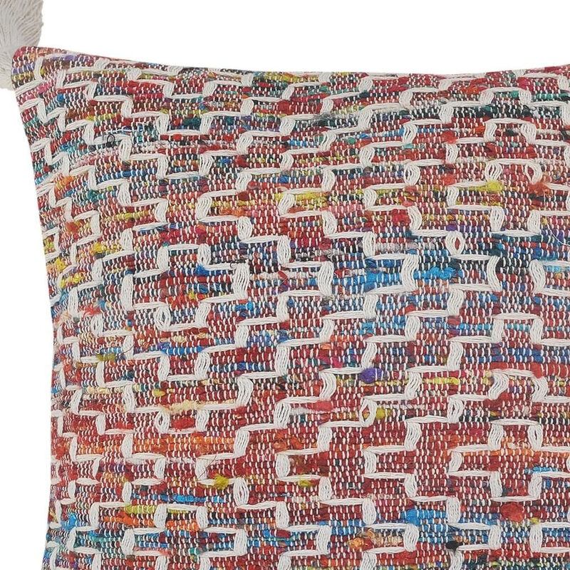 HomeRoots 20" Red Blue And Natural Geometric Polyester Blend Throw Pillow Cover with Tassels image number 4