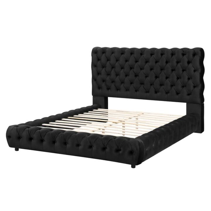 Benjara James Queen Size Bed, Platform Style, Button Tufted Black Velvet Upholstery