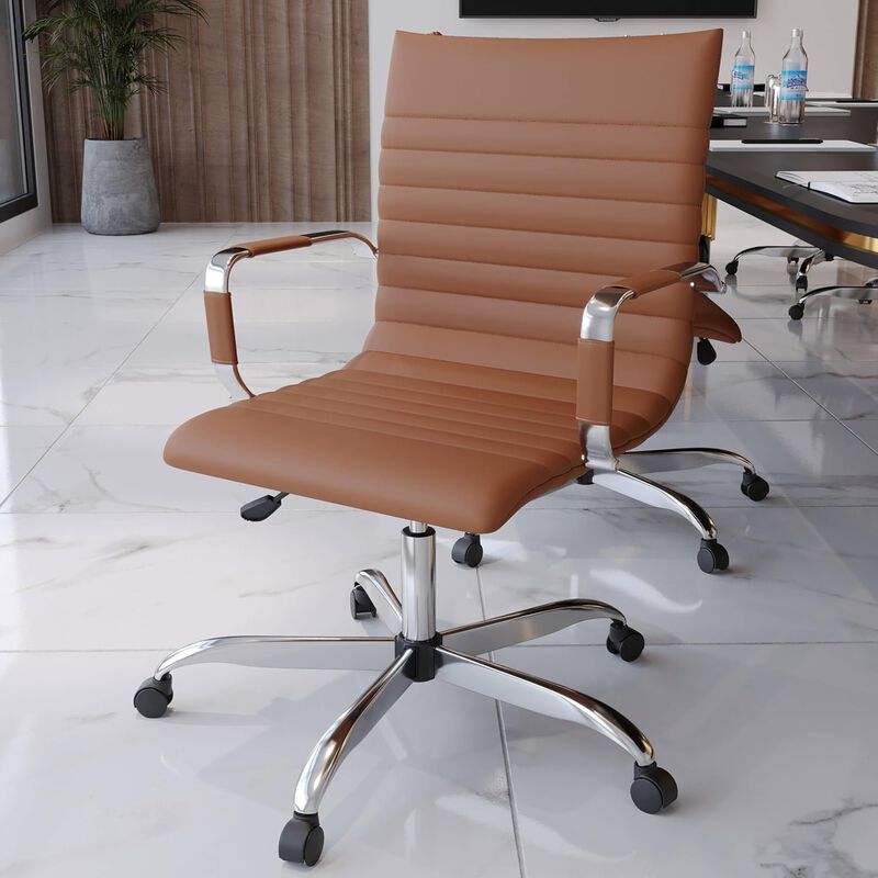 LeisureMod Harris Ergonomic Office Chair, Leather Upholstery with Adjustable Height, Lumbar Support, Swivel and Chrome Base for Home or Office