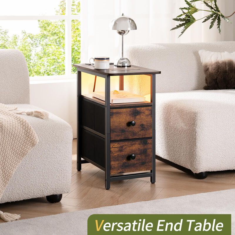Yoobure End Table with Charging Station, Narrow Side Table LED Small Night Stand, Skinny Nightstand with Fabric Drawers, Bedside