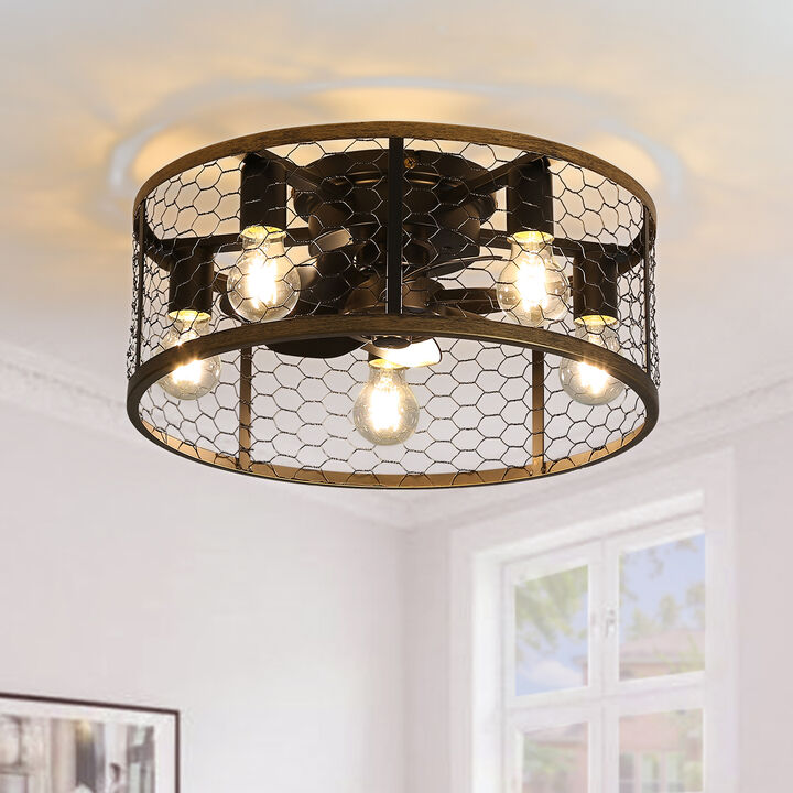 20" Industrial Caged Ceiling Fan, Small Flush Mount Ceiling Fan With 7-ABS Blades Remote Control