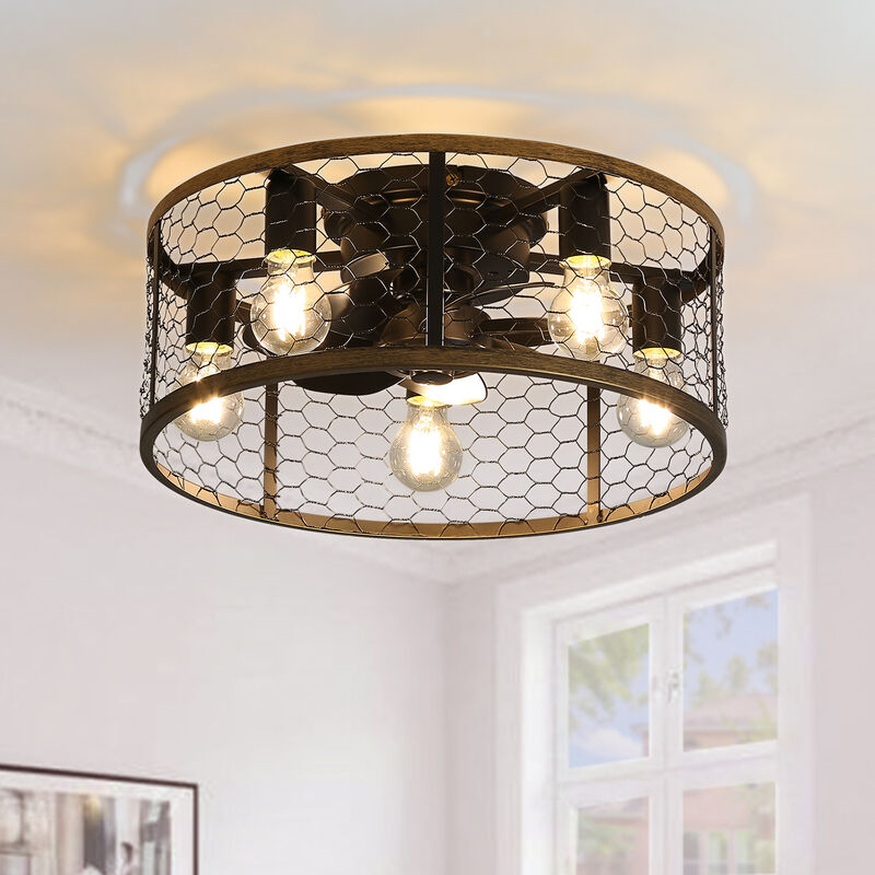 20" Industrial Caged Ceiling Fan, Small Flush Mount Ceiling Fan With 7-ABS Blades Remote Control image number 1