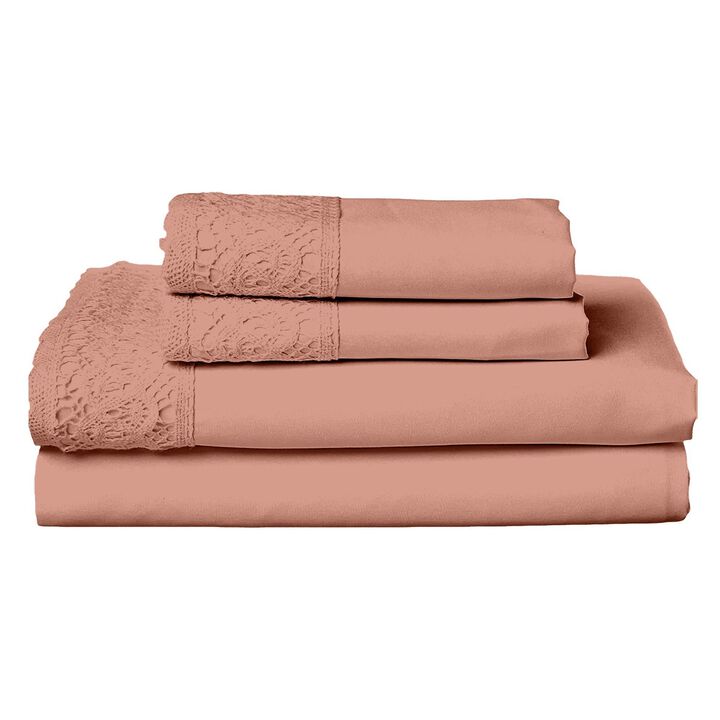 Edra 4 Piece Microfiber Full Size Bed Sheet Set, Crochet Lace, Dusty Pink - Benzara