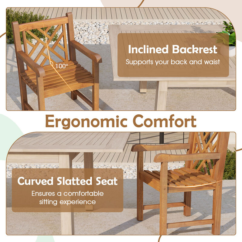 Wood Patio Dining Chair with Slatted Seat Cross-Rhombus Backrest and Solid Legs image number 7