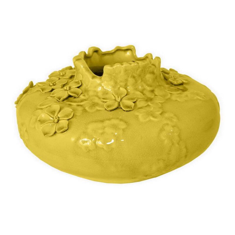 Remi Flower Vase, Decorative Yellow Ceramic w Floral Motifs, 12 Inch - Benzara