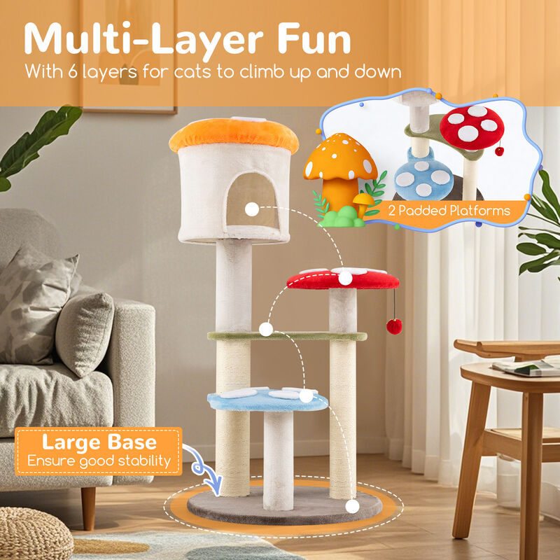 Cute Cat Tree with Mushroom Design, Top Condo & Durable Sisal Scratching Areas