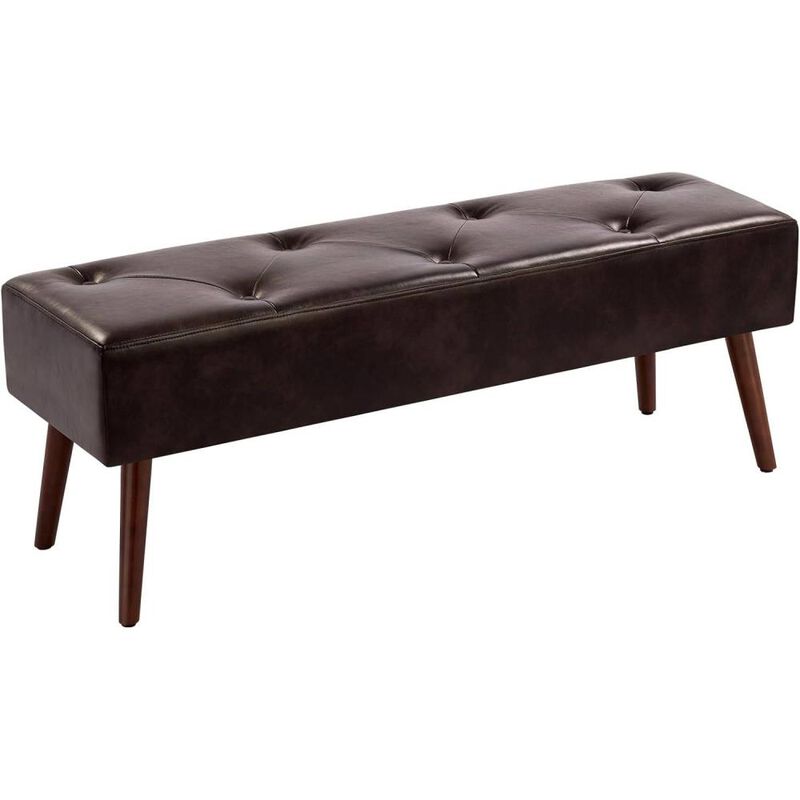 Hivvago Mid-Century Bed Bench with Dark Brown Leather Upholstered Seat Solid Wood Legs