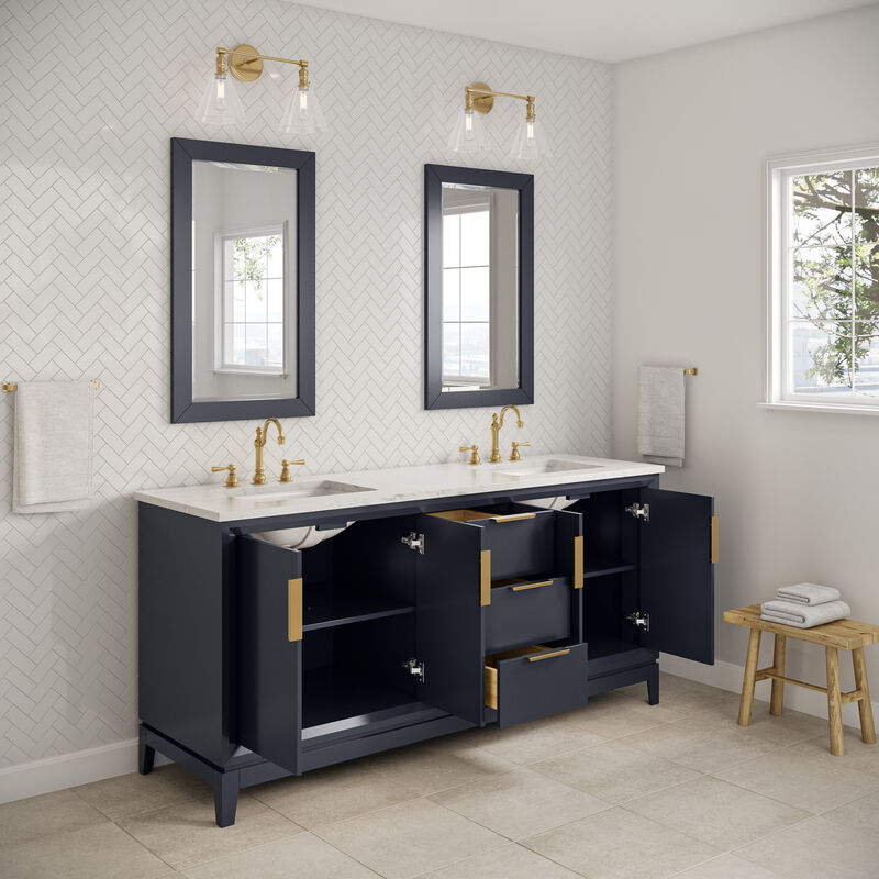 Elizabeth 72 In. Double Sink Carrara White Marble Countertop Bath Vanity In Monarch Blue with Satin Gold Hardware