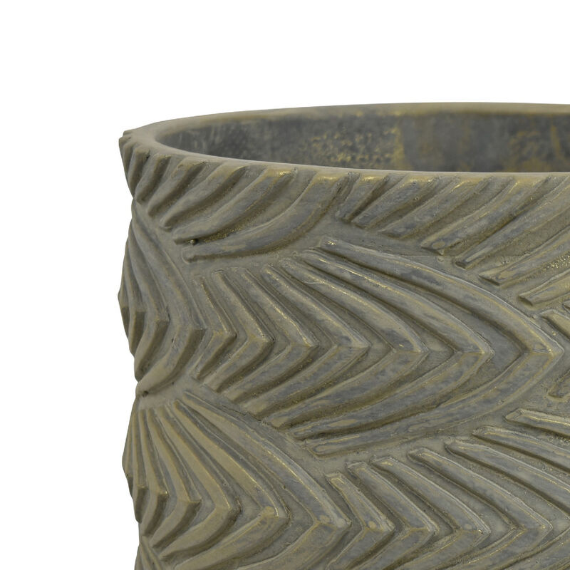 Cylindrical Planter, Raised Feather Motifs, Gray and Gold Terracotta 7 Inch image number 4
