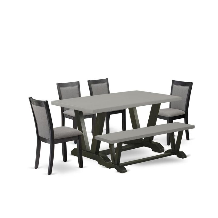East West Furniture 6 Piece Dinner Table Set - A Cement Top Wooden Dining Table with a Small Bench and 4 Dark Gotham Grey Linen Fabric Upholstered Kitchen Chairs - Wire Brushed Black Finish