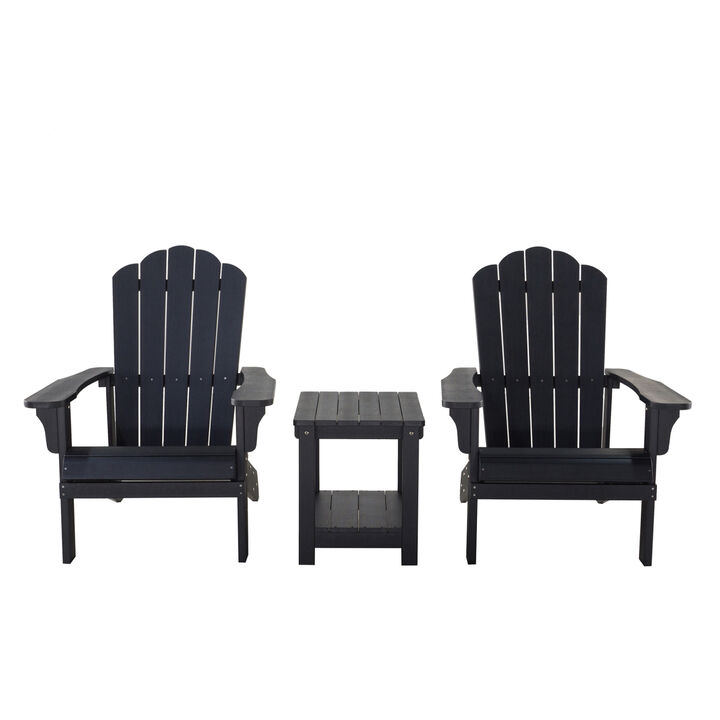 3 Piece Outdoor Patio All-Weather Plastic Wood Adirondack Bistro Set, 2 Adirondack chairs, and 1 small, side, end table set for Deck, Backyards, Garden, Lawns, Poolside, and Beaches, Black