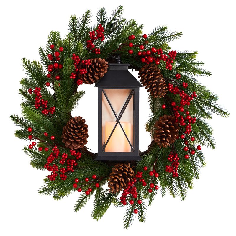 Nearly Natural 28-in Berries and Pine Artificial Christmas Wreath with Lantern and Included LED Candle