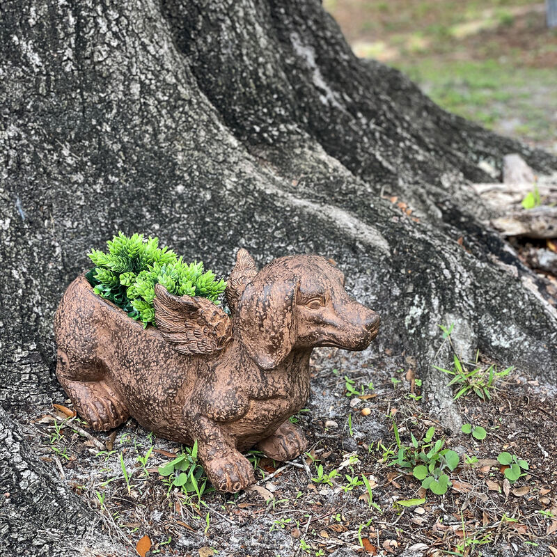 Flying Wiener Dog Planter 18" Brown, With Drain Hole, Rustic Garden Decor image number 6