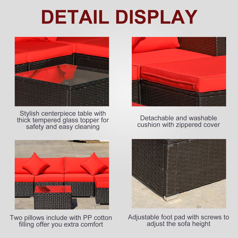 6 Pieces Outdoor PE Rattan Sofa Set, Sectional Conversation Wicker Patio Couch Furniture Set with Cushions and Coffee Table, Red