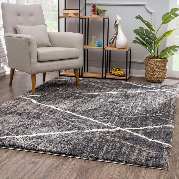 HomeRoots  Gray Modern Distressed Lines Area Rug