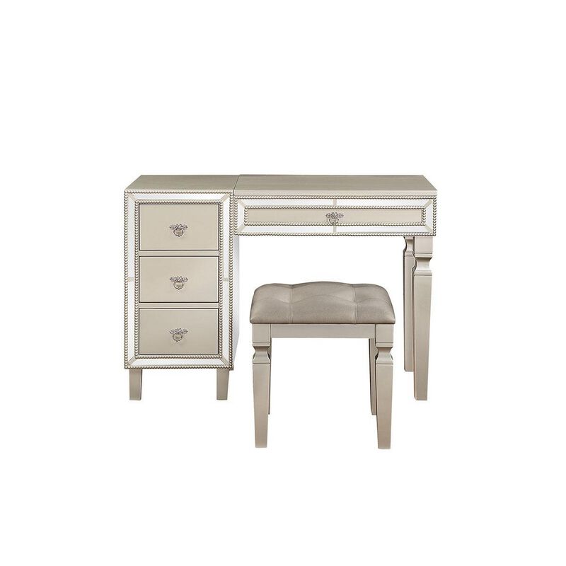 Sosi 47 Inch Vanity Desk Set, Padded Stool, Mirror Inlaid Drawers, Silver-Benzara image number 1
