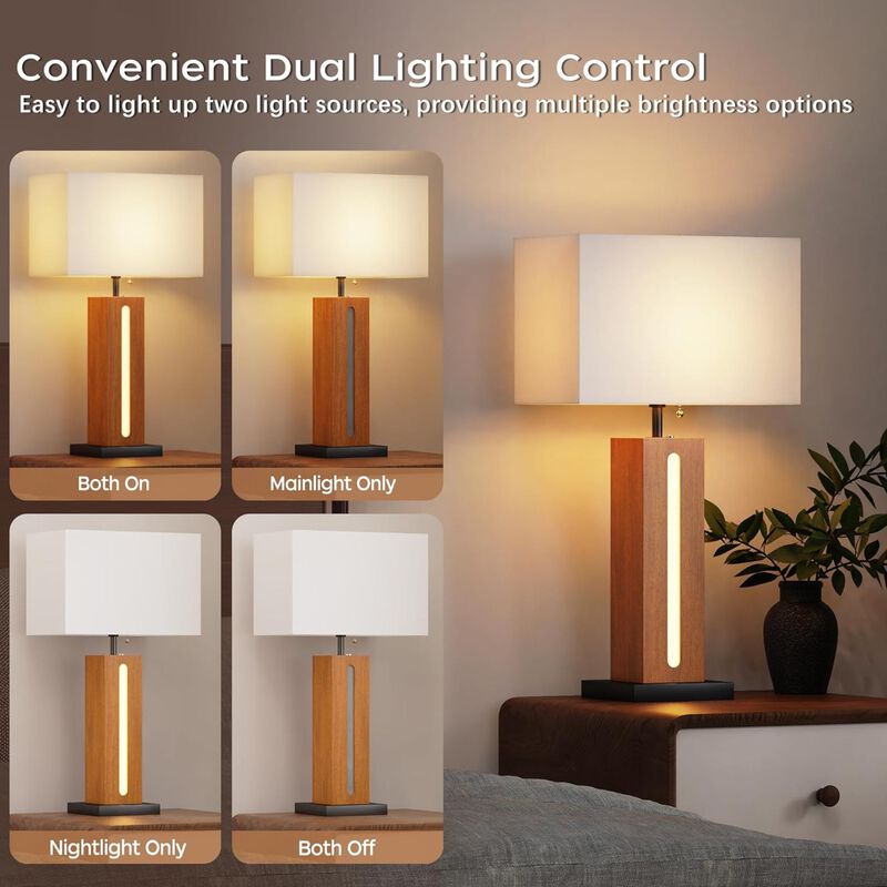 ELEMENT ACE Set of 2 Modern Dimmable Bedside Table Lamps with LED Nightlight, Rustic Farmhouse Nightstand Lamps with Linen Shades for Bedroom Living Room End Table image number 4