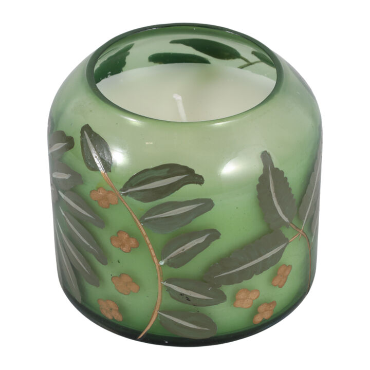 4" 12 Oz Gardenia Floral Pattern Candle, Green