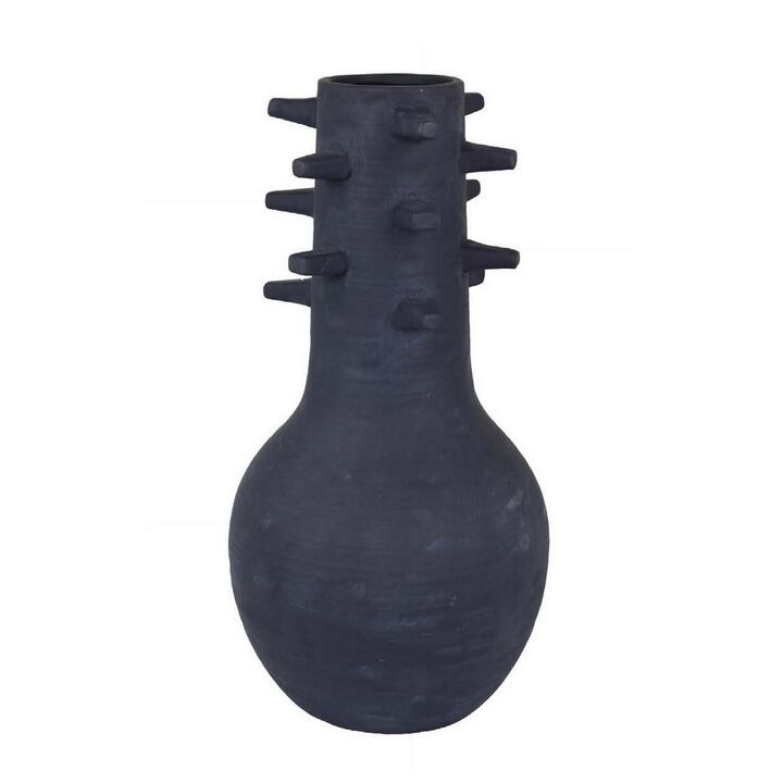 Enya Flower Vase, 3D Spiked Accent Narrow Neck, Black Ceramic, 18 Inch - Benzara