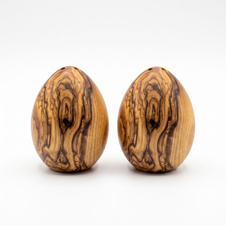 Olive Wood Egg-Shaped Salt & Pepper Shakers (Set of 2) &ndash; Wooden Spice Dispenser Set