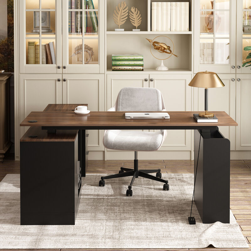 FUFU&GAGA L-Shaped Height Adjustable Office Desk - Perfect Blend of Functionality and Style, (63"Wx63"Dx45.3"H), Black and Brown