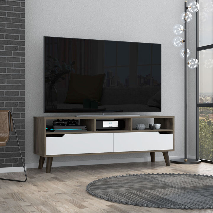DEPOT E-SHOP Kobe Tv Stand for TV&acute;s up 52", Three Open Shelves, Two Flexible Drawers, Dark Walnut / White